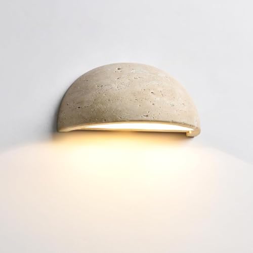 Stesulfr Applique murale nordique moderne marbre Wabi-Sabi Art Luminaire Demi lune cercle Lampe murale en travertin jaune Lampe de chevet en pierre naturelle de style...