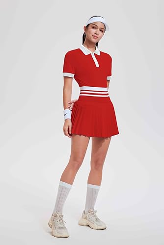Image of Tennis Skirt Sets for Women Zipper Color Block High Waisted Golf Polo Two Piece Skirt Set Women 2 Piece Outfits