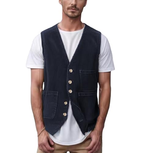 Men's Corduroy Vest Cowboy Single Breasted V Neck Casual Waistcoat Vintage Retro Western Vests for Men - Main Image
