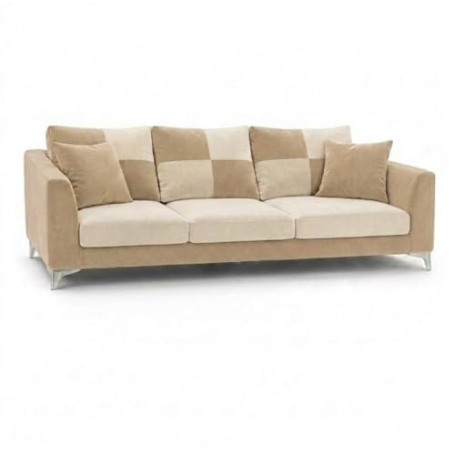 Image of Romeo Rich 4 Seater L Shape Sofa Set with Movable Ottomans | Flexible Layout | Velvet Suede Fabric | Golden Aesthetic Legs | Dual Tone Modern Sofa for Living Room (Beige-Cream)