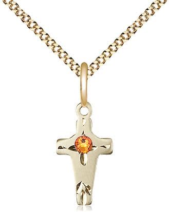 14kt Gold Filled Cross Pendant with a 3mm Faux Topaz Austrian Crystal stone on a 18 inch Gold Plate Light Curb Chain.
