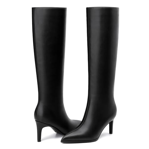 Image of ROSERWISH Women's Knee High Boots Pointed Toe Low Kitten Heel Tall Boots Comfortable Casual Fall Long Boots With Side Zipper
