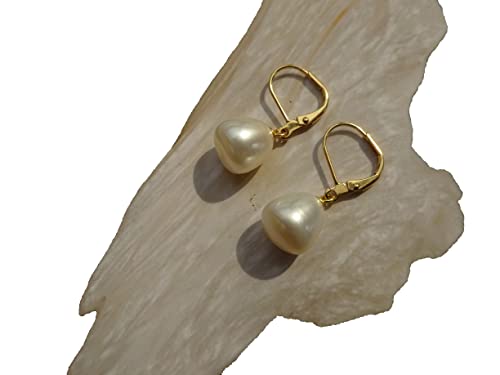 Boucles d'oreilles perle de culture d'eau douce blanche et attaches dormeuses plaqué or 18k
