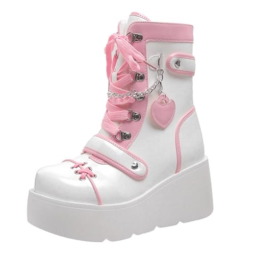 Bottes Femme Plateforme Bout Rond Gothiques Punk avec Lacets et Boucles Semelle Compensée Patchwork Bottes Elegant Antidérapante Confortables Chaussures...