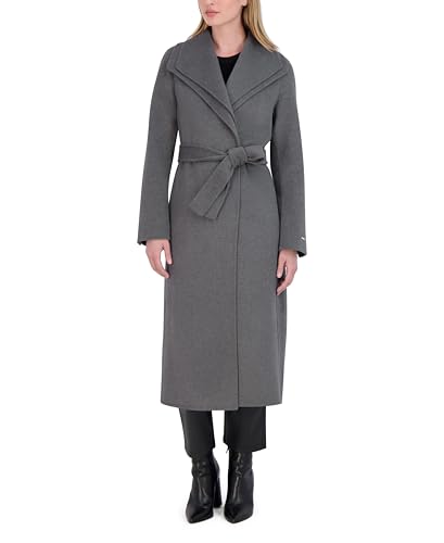 Image of TAHARI Women's Slim Fit Double-faced Soft Wool Blend Wrap Coat With Tie Belt - Long Wool Coat