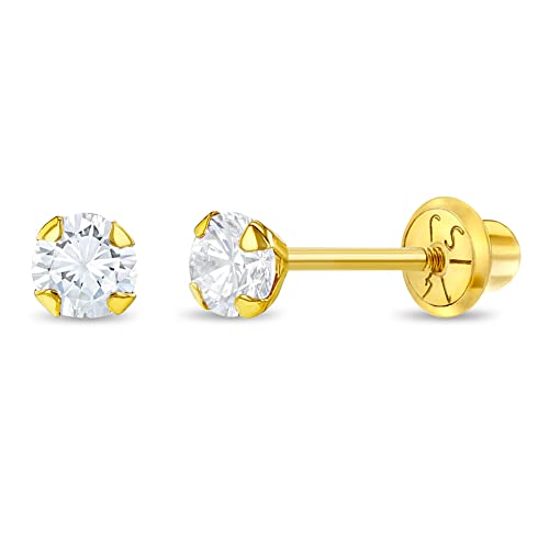 14k Yellow Gold Tiny 3mm Cubic Zirconia Prong Set Solitaire Screw Back Earrings for Little Girls - Tiny & Elegant Earrings with Safety Screw Backs for Babies, Toddlers, & Children - Dainty CZ Studs