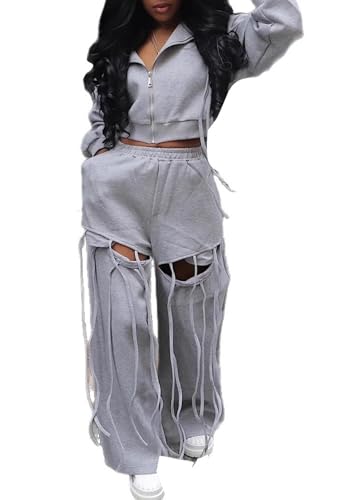 SHINFY Sweatsuits Women 2 Piece Outfit Fringe Zip Up Hoodie Cut Out Sweatpants Y2k Fall Fashion Jogger Tracksuits Sets