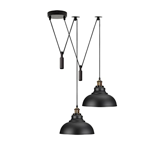 LEDSone Pendelleuchte, Schirm, 2-flammig, Deckenspinne, Metall, verstellbar, 195 cm Kabel, Vintage-Edison-Sockel mit E27-Glühbirne, industrielle Retro-Beleuchtung, Insellampe (Schwarz)