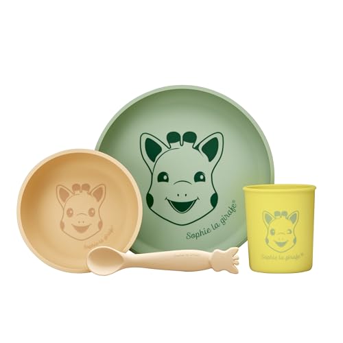 Sophie la Girafe - Set de Repas Sopie la Girage en Silicone - 1 Assietes, 1 bol, 1 verre et une cuillere Passe au Lave Vaisselle et micro-ondes