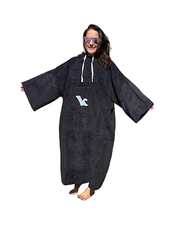 Microfiber Changing Robe with Hood – Oversized Terrycloth Towel Poncho for Beach, Boat, Pool, Surfing, Kitesurfing, Wing Foiling, Diving – Quick Dry, Warm & Lightweight – Black