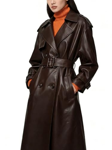 utcoco Womens Faux Leather Trench Coat Double Breasted Belted High Waist Long PU Leather Jacket Fall Winter Outerwear (Small Brown)