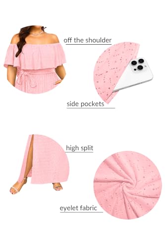 Image of Pinup Fashion Women Plus Size Summer Casual Off Shoulder Eyelet Maxi Dress | Breathable eyelet fabric,elegant ruffle,high waisted,stylish belt,side split,handy pockets,ideal for summer, wedding guest.