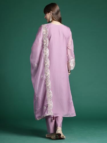 Image of INDO ERA Women's Straight Organza Ethnic Motifs Embroidered Kurta and Pant with Dupatta Set (KH9PH10614)
