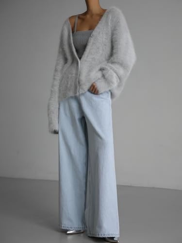 Image of chouyatou Women Furry Open Front Cardigan V-Neck Loose Casual Fluffy Knit Button Down Sweater Coat