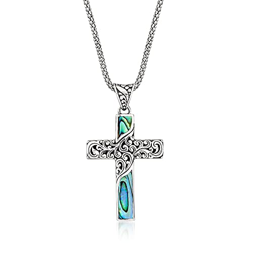 Ross-Simons Abalone Shell Bali-Style Cross Pendant Necklace in Sterling Silver. 18 inches