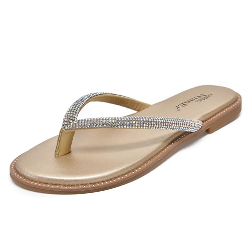 Image of NianEr Womens Microfiber Leather Memory Foam Sandals Flip Flops Slides | Rhinestone, Glitter, Sparkly, Bling, Jeweled, Sparkle, Diamond, Flat, Comfortable, Slip On, Dressy, Dress, Beach, Vacation
