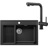 ANYCEE 70 x 46 cm Lavello in Granito Nero con L Rubinetto Estraibile