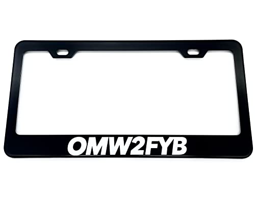 OMW2FYB Funny License Plate Frame Durable Black Stainless Steel 2-Hole Mount for Standard 6x12 USA & Canada Plates Great Gift Idea