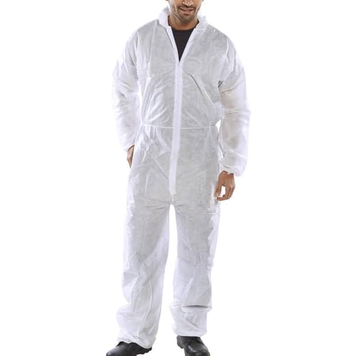 5 PACK - Poly Prop White Economy Lightweight Disposable Overall Boilersuit - Zip up, elasticated hood, ankles and wrists (XL)