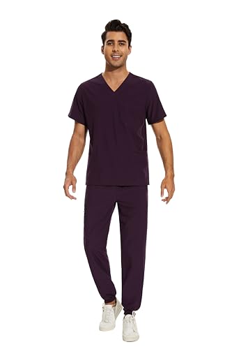 COZYFIT Men Scrubs Set — Stretch V-Neck Scrub Top & Jogger Pant with 8 Pockets, Yoga Waistband, Anti-Wrinkle - Dark Purple, XL