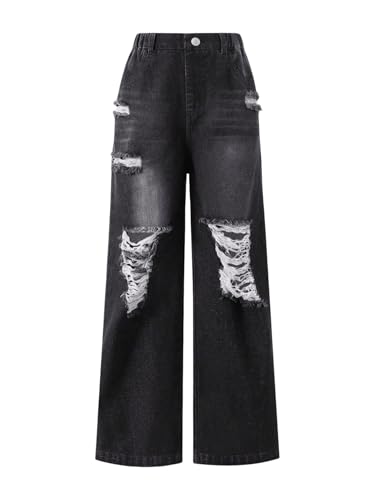 Floerns Girl's Elastic Waist Ripped Long Jeans Wide Leg Y2K Streetwear Denim Pants