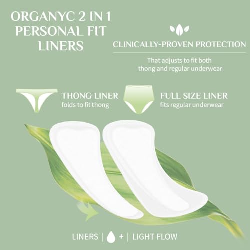 Image of Organyc 100% Certified Organic Cotton Inside and Out 2 in 1 Panty Liners for Women Fits Thong or Regular Underwear, Light Flow, 20 Count, 6 Packs (6)