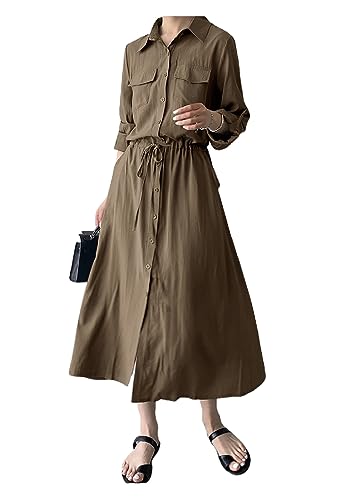 Image of Women Roll-Up Long Sleeve Button Down Shirt Midi Dress