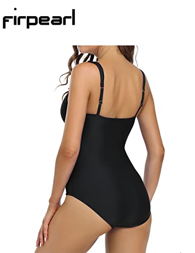 Firpearl Women's Ruffle One Piece Bathing Suits V Neck Vintage Tummy Control Swimsuit Swimwear4