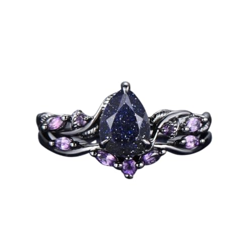 IVANKA 1.25ct Nature Inspired Pear Galaxy Blue Sandstone Amethyst Bridal Set Unique Twig Vine Teardrop Blue Goldstone Black Gold Wedding Ring Set Sandstone Wedding ring set Amethyst Band Engagement Ring set