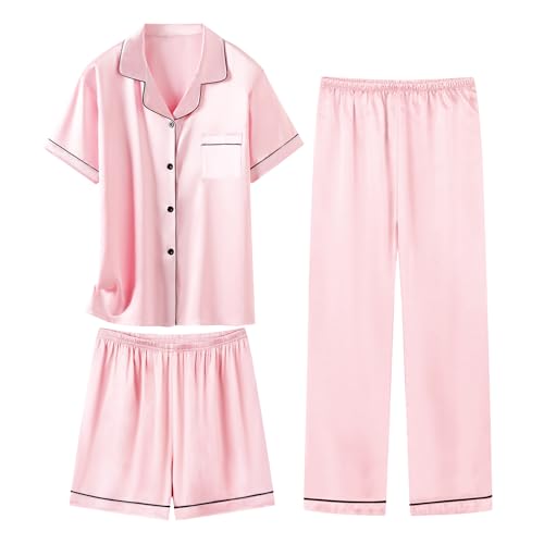 Schbbbta Girls Silk Pajamas Sets Satin Button Down Short Sleeve Sleepwear, Baby Pink, 7-8 Years