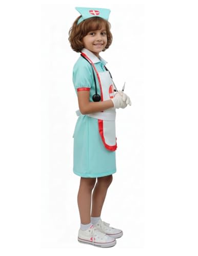 Image of BookMyCostume Kids Nurse Costume for Girls | 6-Pc Professional Community Helper Uniform with Dress, Cap, Stethoscope, Syringe, Gloves & Mask | Pretend Role Play Costumes | 8-10 Years