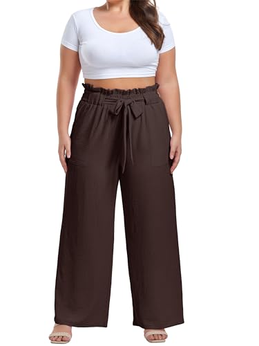 Image of OLRIK Women's Plus Size Pants Adjustable High Waisted Wide Leg Palazzo Pants Casual Trousers with Pockets Spring Clothes