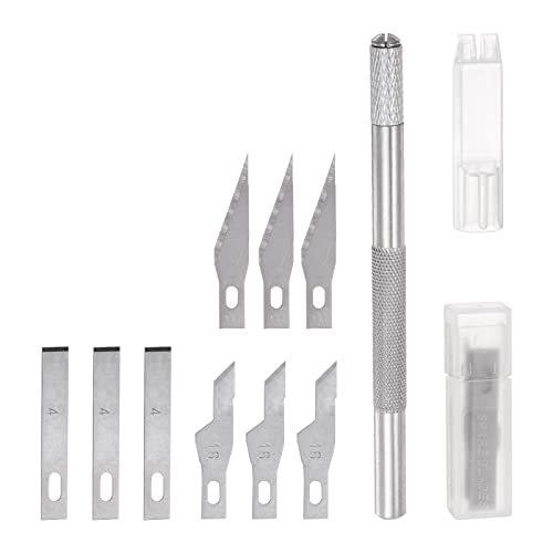 sourcing map 1 Juego (10uds) Arte Artesanía Cuchillo Juego 1uds Aficionado Exacto Cuchillo y 9uds 3 Tipos Repuestos Cuchillas para Recortes Álbum Plantillas Bricolaje Artesanía, Plateado Tono