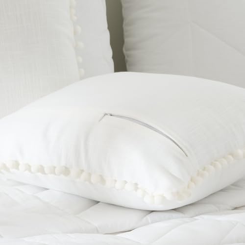 Image of 100% Cotton Pom Pom Cushion Without Filler, Elegant & Modern Cushion Cover for Living Room, Square Shape, 16 inchx16 inch, uni slub, Set of 3 - Half White