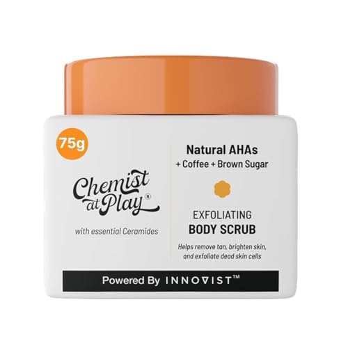 Image of Chemist At Play Exfoliating Body Scrub For Removing Tan & Dead Skin Cells + Gentle Exfoliating Face Scrub with Mandelic Acid & Walnuts | Removes Dead Skin & Blackheads | Smooth, Soft & Bright Care | Natural AHAs | 75g + 100ml