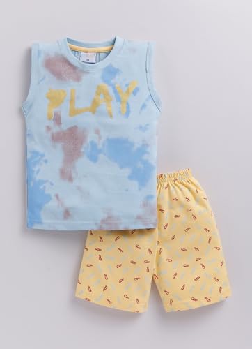 Image of Pure Cotton Sleeveless T-Shirt and Half Pant Set for Boys Kids| Kids boys tshirt and half pant set| Coordinated Set for Unisex kids| Roundneck Tees| Lightweight and Breathable