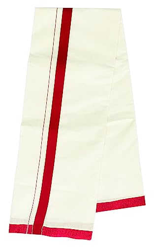 Image of Mens Thick Border 100% Cotton Cream Dhoti 4.0 Meters Double Mundu /Vesti