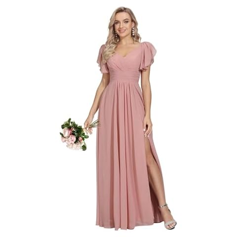 Rmaytiked Bridesmaid Dresses for Women with Slit V Neck Flutter Sleeves Long Wedding Guest Dress Formal Evening Dress with Pockets Dusty Rose Cover