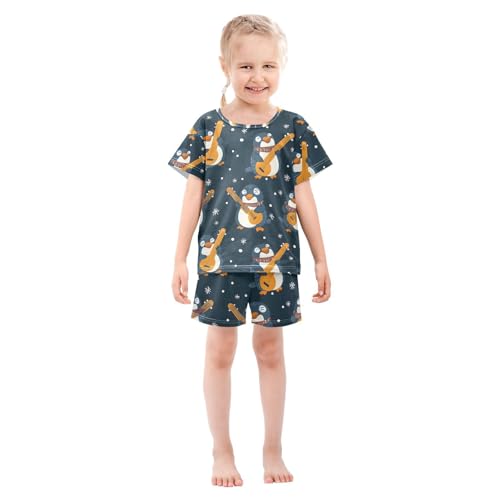 ALAZA Christmas Guitar Penguin Snowflake Pajamas Set Short Sleeve Cotton Sleepwear Summer Pjs 2 Piece 5-14Y3