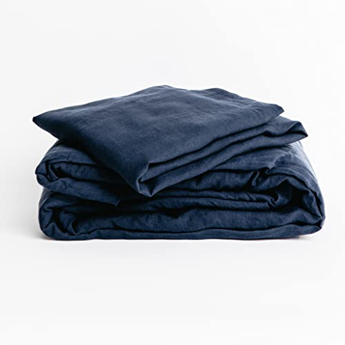 Nuzzie Linen Full Bed Sheet Set | American Company | 100% Luxury French Linen 4-Pcs Set | 1 Fitted Sheet, 1 Top Sheet, And 2 Pillowcases | Incredibly Soft And Cooling For Hot Sleepers (Dark Blue) #TOP21