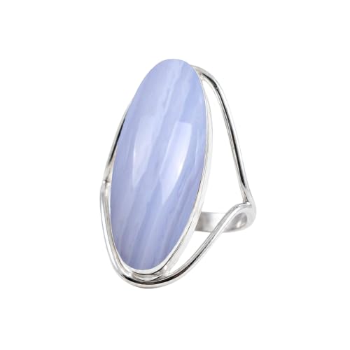 Sterling Silver Plated Handmade Ring for Women, Blue Lace Agate Oval Shape Blue Color Boho Statement Gemstone Ring, May Birthstone Jewelry, Anniversary, Birthday, Valentine's Day, Gift for Her 8