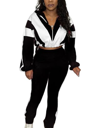 Kinivi Women 2 Piece Outfit Long Sleeve Zip Up Crop Jacket High Waist Stretchy Pants