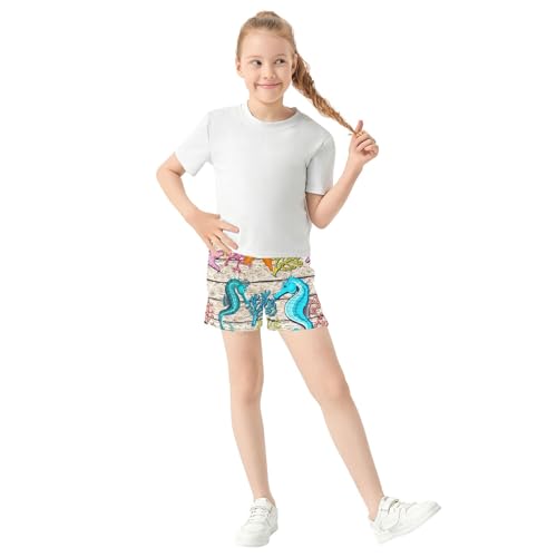 Girls Athletic Lounge Shorts Colorful Sea Creature Seahorses Print Comfy Summer Pajama Activewear, X-Small2
