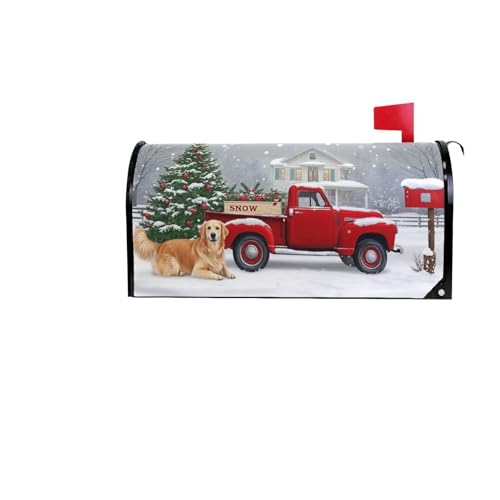 Image of Christmas Tree Red Truck Magnetic Mailbox Covers Winter Snow Golden Retriever Dog Mailbox Cover Over Size Full Magnet Garden Yard Porch Mail Boxes Cover Holiday Decorations 25 inch L x 21 inch W