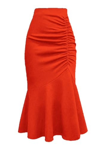ebossy Women's Elegant Stretch High Waist Ruched Bodycon Mermaid Ruffle Hem Fishtail Long Skirts