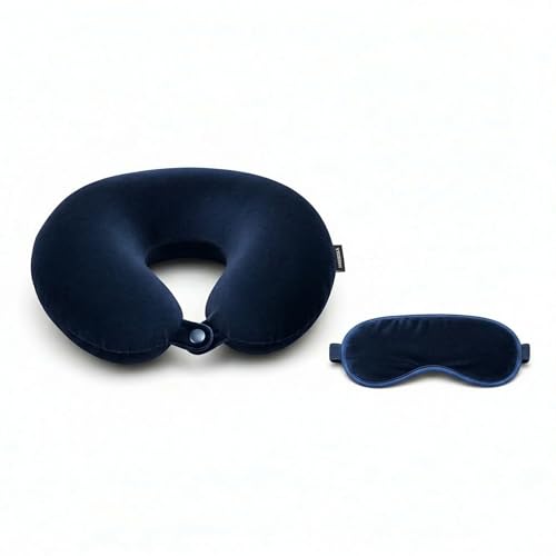 Image of Dark Blue Travel Neck Pillow with Button Closure & Eye Mask | Soft Fiber Filled U-Shape Head & Neck Support Cushion for Airplane, Car & Office Use | Button Closure (Dark Blue)