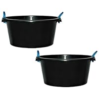 (Set Of 2) 70L Black Plastic Bucket Heavy Duty Extra Large Capacity Mixing Cement Storage Tub with Rope Handles for Gardening, Toy Storage & Multi-Purpose Ideal for Home, Animal Feeding, Construction