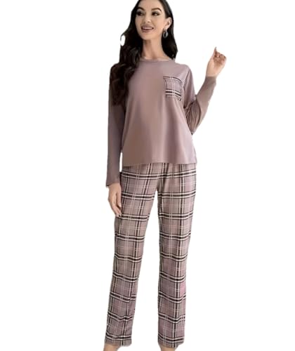 Pyjama à manches longues pour femme avec pantalon à carreaux rose