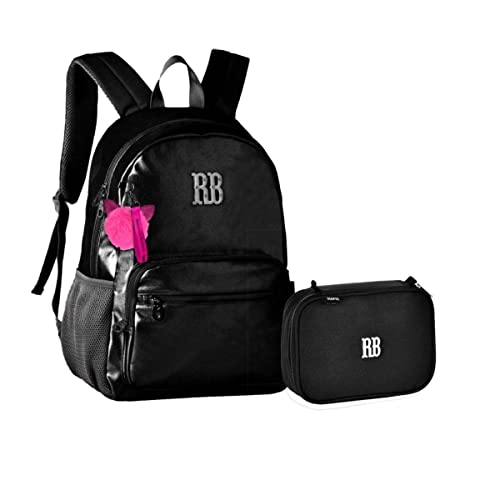 Kit Mochila Costas e Estojo Preto Metalizada