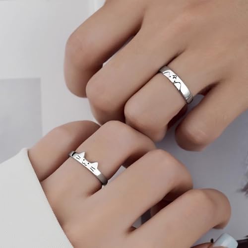 Cat Dog Couple Ring for Women Men Silver Animal Friendship Matching Ring Cute Puppy Kitten Statement Ring Minimalist Party Valentine's Day Jewelry Gift2